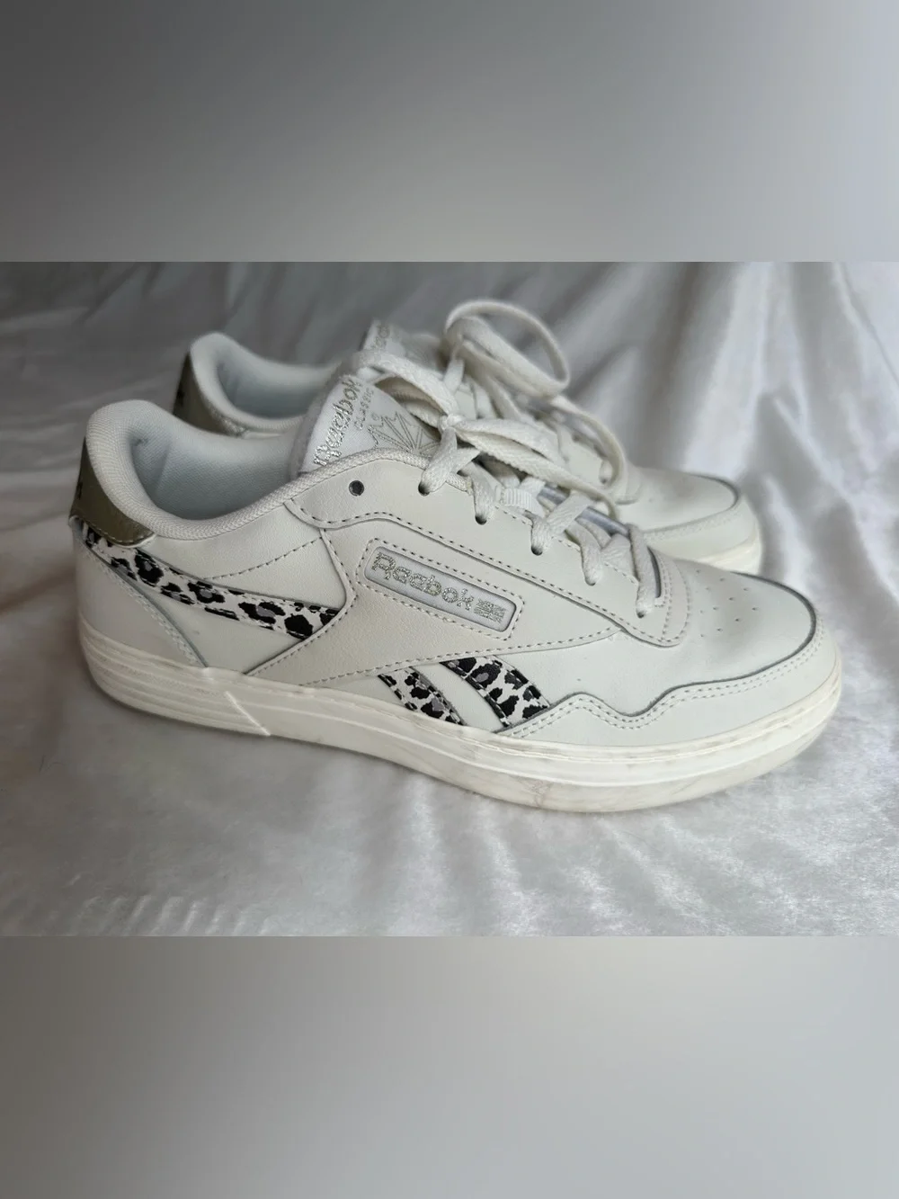 Reebok White Leather Low-Top Sneakers with Black Leopard Print and Gold Heel Tab